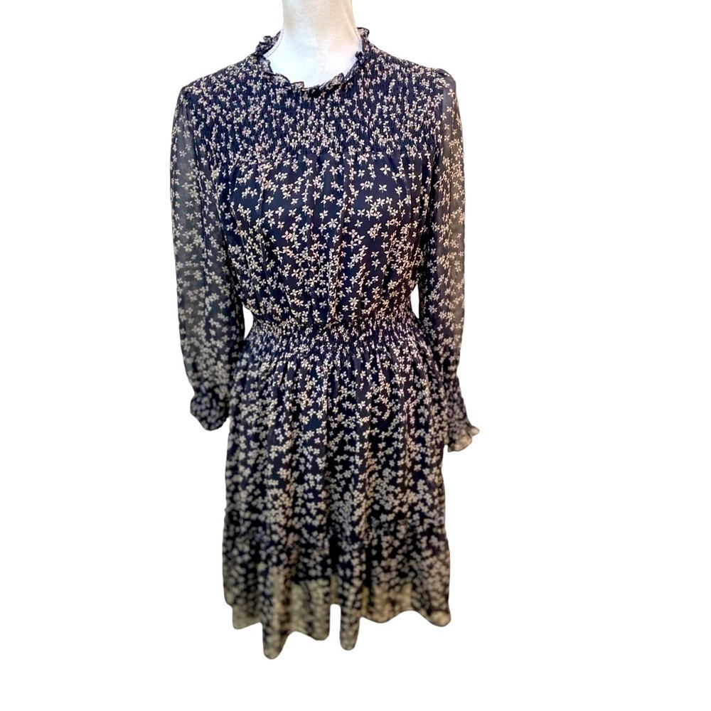 Taylor micro floral lined smocked long sleeve dress elastic waist black size 8